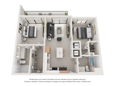 Floor plan for 2 beds, 2 baths, 991 sqft